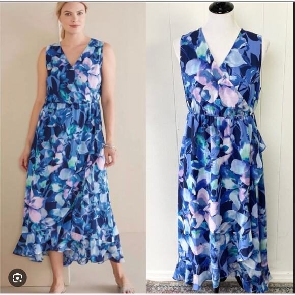 Soft Surroundings Ashyln Blue Purple Floral Ruffle Maxi Dress Size SM - Picture 1 of 4